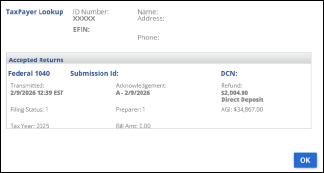 Taxpayer lookup window Taxpayer lookup window
